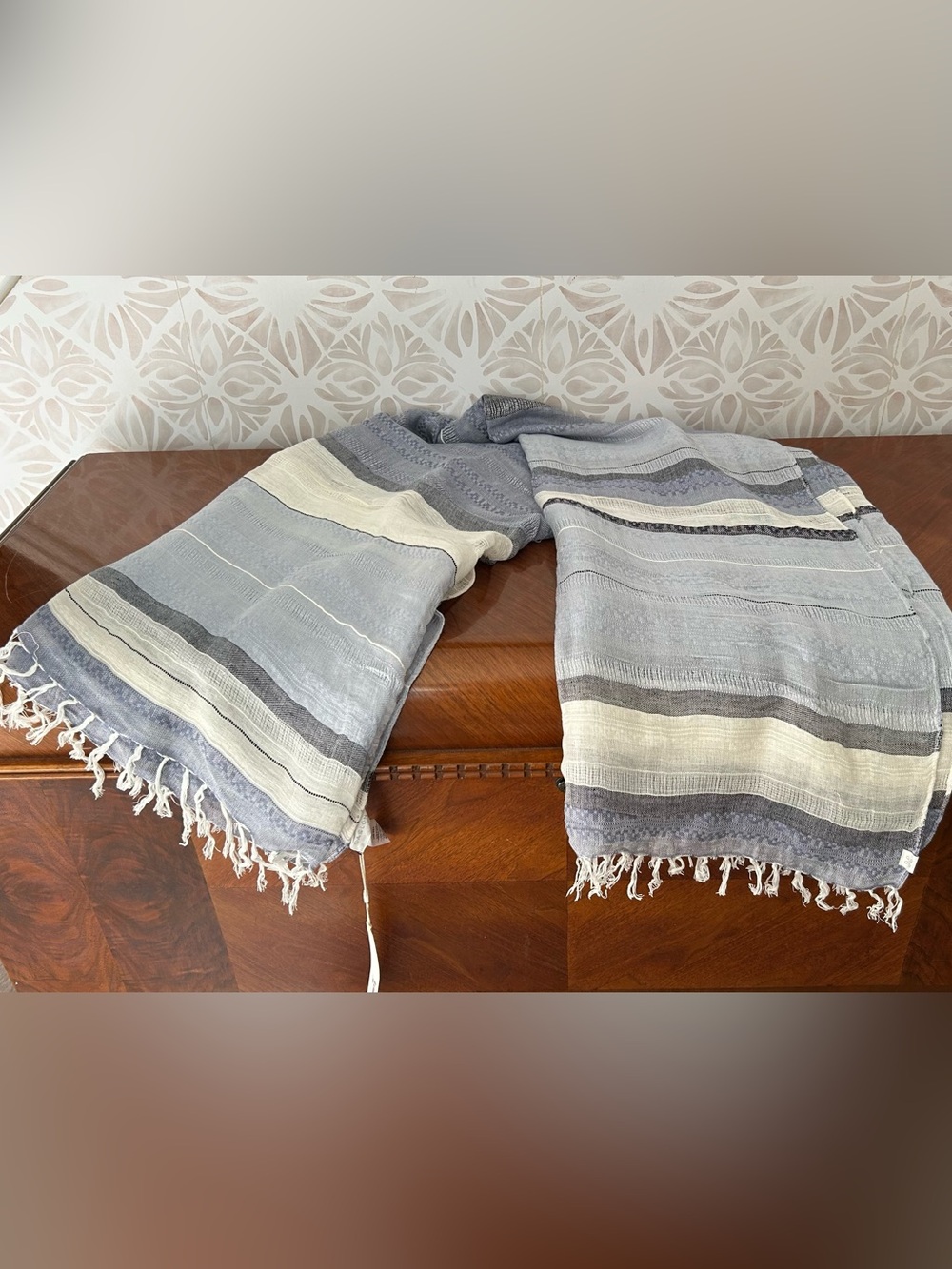 Caslon Linen Blend Striped Scarf Fringe Edge NWT